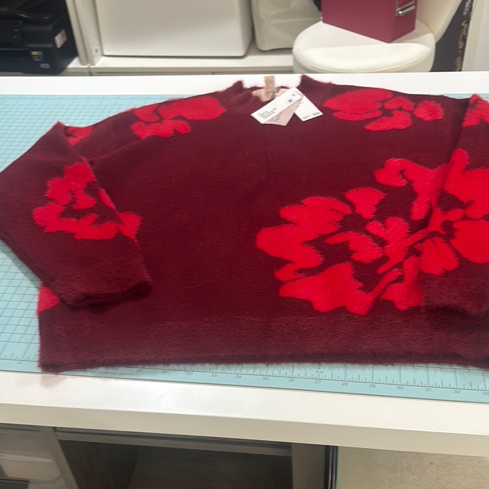 Philosophy Red Crew Neck Sweater with Bold Floral Design